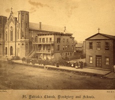 stereograph of Saint Patrick's church and school