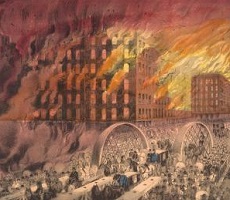 lithograph of people fleeing Chicago fire