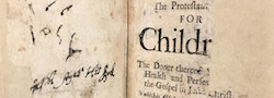 Handwritten notes on a mutilated title page from an 1685 protestant tutor for children