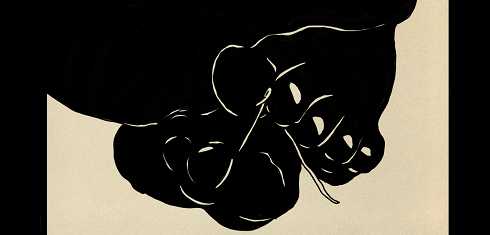 Silhouette of feet holding a string and tying a knot