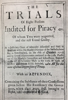 Title page of a seventeenth century primary source titled the trials of eight persons indited for piracy.